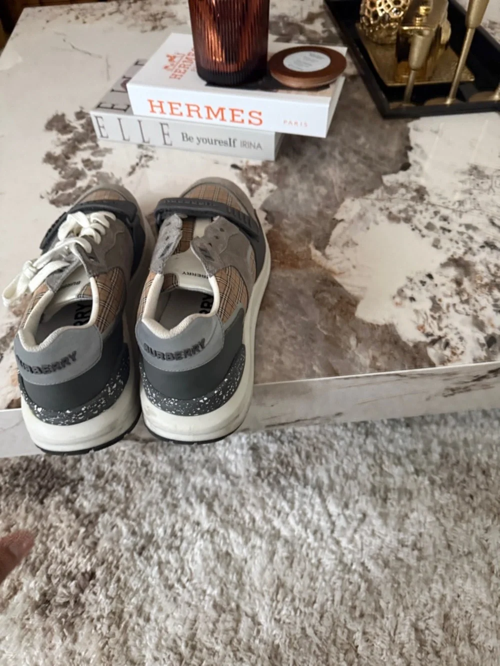 Burberry Gray Suede Sneakers with Beige Vintage Check Detail - Picture 3 of 4